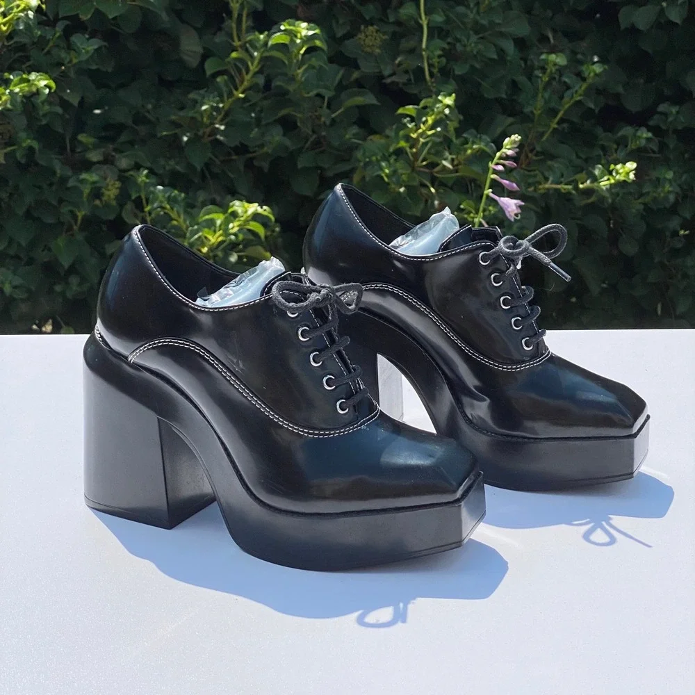 GB Grunge Black Platform Oxford Loafers Goth Bratz Contrast Stitching Edgy - 7M